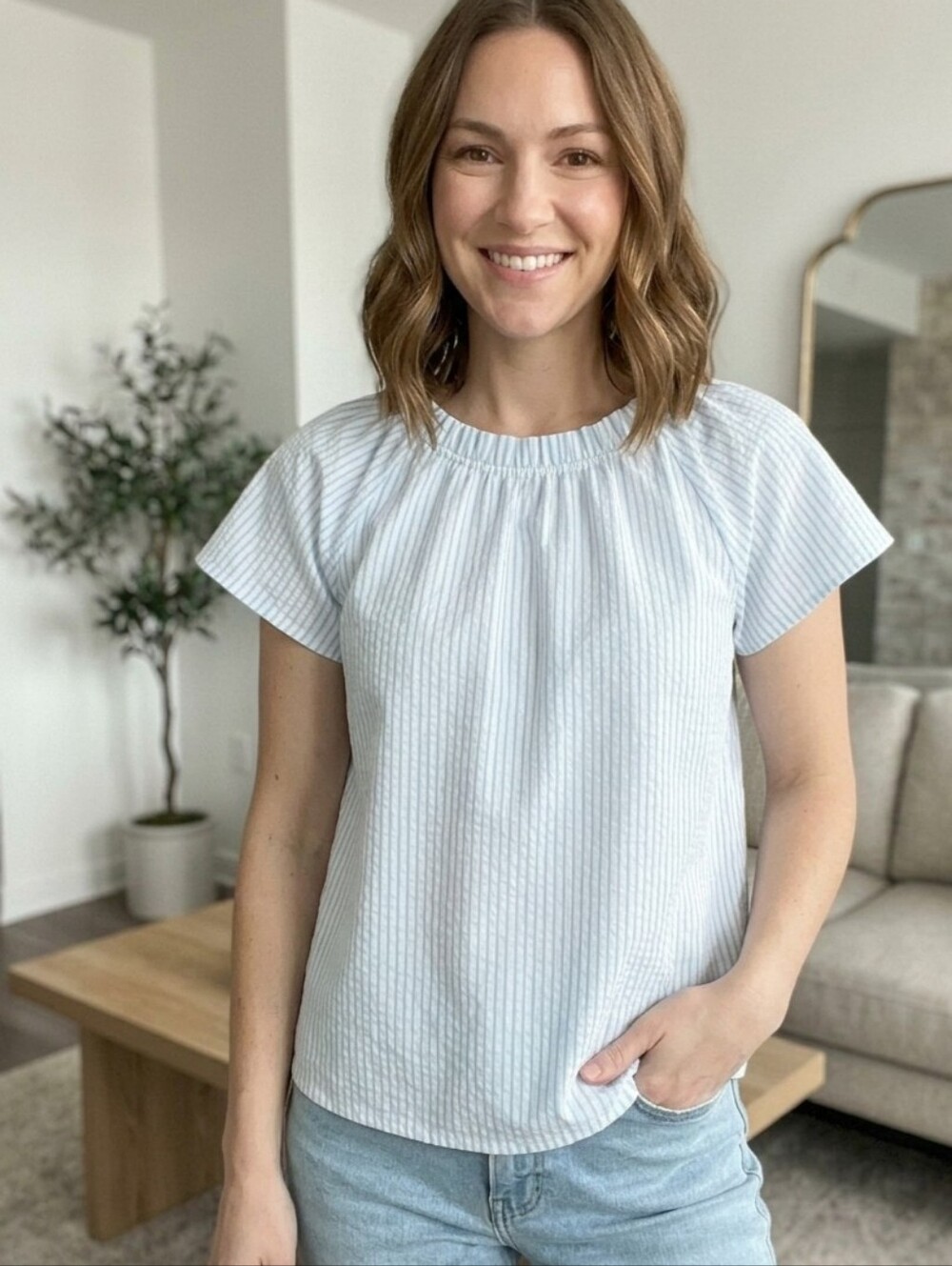 LC Lauren Conrad Pale Blue Striped Tie-Back Peasant Blouse